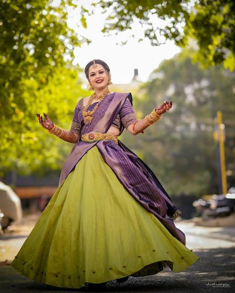 #cute bride in #different combination #lehenga #pistagreen #purple #designerlehenga Half Saree Purple Colour, Combination With Green Lehenga, Half Saree Lehenga Purple Colour, Lehanga Combinations Designs, Purple Colour Combinations Saree, Green And Purple Half Saree, Colour Combinations For Lehenga, Purple Combination Lehenga, Purple Dupatta Combination