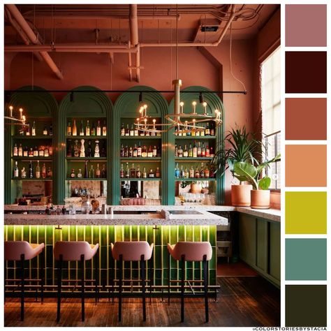 Mood 🥃⁠ 📷️: @smithhanesstudio @atriumatl @charlottesmithstudios @timlenzphoto via @colorassociation Clay Color Palette, Atrium Restaurant, Moody Bar, Terrazzo Bar, Cavern Clay, Atlanta Bars, Blown Glass Lighting, Decoration Restaurant, Floral Installations