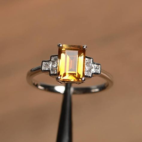 citrine cocktail party ring natural citrine ring emerald cut Citrine Halo Ring, Silver Solitaire Engagement Ring, Yellow Gemstone Ring, Citrine Ring Engagement, Elegant Rings, Marquise Cut Engagement Ring, Yellow Ring, November Birthstone Ring, Pink Diamonds