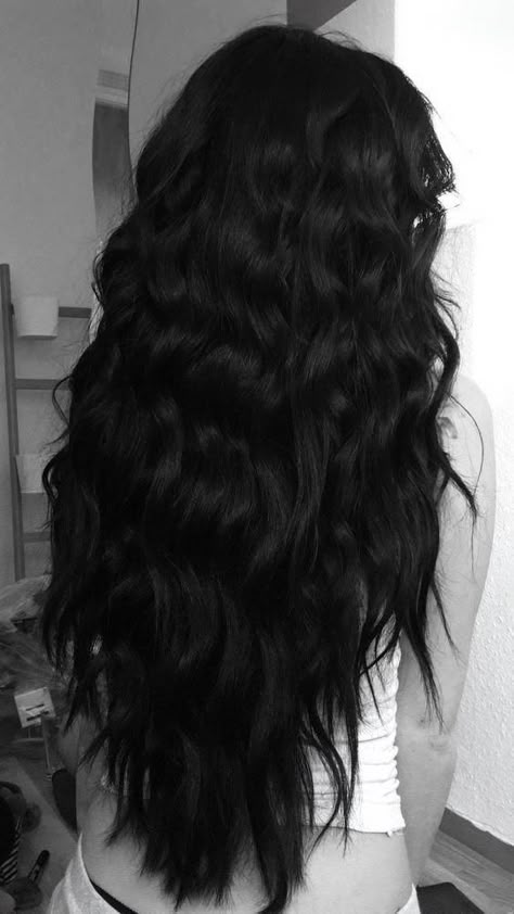 Black Thick Wavy Hair, Black Wavy Hair Aesthetic, Jet Black Hair Styles, Black Hair Volume, Black Mermaid Hair, Mermaid Black Hair, Black Long Curly Hair, Pitch Black Hair, Thick Full Hair