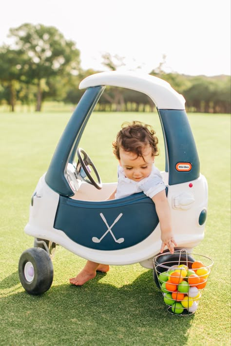 Little Tykes Coupe Golf Cart, 1st Birthday Golf Pictures, Golf Cozy Coupe, Golf First Birthday Photoshoot, Baby Golf Birthday Party, Cozy Coupe Golf Cart, Golf One Year Old Party, Golf Smash Cake, Golf Themed First Birthday Party