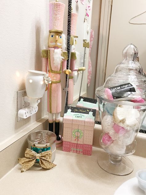 Christmas bathroom decor pink nutcracker lush bubble bath too faced grande hotel cafe and twisted peppermint candle oh how I love a pink Christmas 🎄🎀 Pink Nutcracker Christmas Decor, Pink Christmas Bathroom Decor, Pink Christmas Bathroom, Spa Christmas Decor, Pink Christmas Bedroom, Pink Powder Room, Bathroom Decor Pink, Peppermint Candle, Sugarplum Fairy