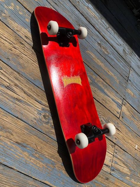 red blank board with thrasher sticker . follow @skurrwa Skateboard Red Aesthetic, Red Synthetic Skate Shoes, Red Urban High-top Skate Shoes, Red Mid-top Skate Shoes For Skateboarding, Red Skateboard, Red Blank, Red Vans High-top Skate Shoes, Strawberry Shortcake Costume, Skateboard Aesthetic