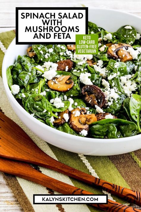 Pinterest image for Spinach Salad with Mushrooms and Feta in a white serving bowl with salad serving spoons on the side. Balsamic Spinach, Salad Appetizer Cups, Mellow Mushroom, Spinach Salad Recipes, Cooking Dried Beans, Mushroom Salad, Bacon Stuffed Mushrooms, Grape Salad, Low Carb Salad