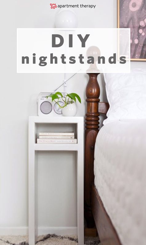 Make It Yourself: 9 Smart & Stylish DIY Nightstands for Small Spaces.  If your bedroom's too tiny for a traditional nightstand, you could try one of these 11 nightstands that are perfect for small bedrooms — or, if you're feeling especially crafty, use one of these nine DIYs to make your own. Bedside Table Small Space, Traditional Nightstand, Small Guest Bedroom, Beds For Small Spaces, Diy Nightstand, Small Bedrooms, Diy Furniture Bedroom, Table For Small Space, Small Space Diy