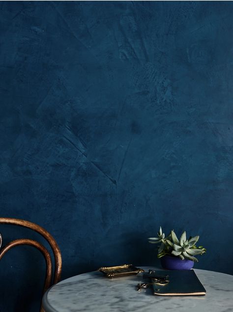 Texture Walls For Bedroom, Navy Blue Limewash, Dark Teal Powder Room, Navy Limewash Walls, Wall Color Design Pattern, Dark Blue Limewash, Indigo Accent Wall, Blue Limewash Walls, Blue Lime Wash