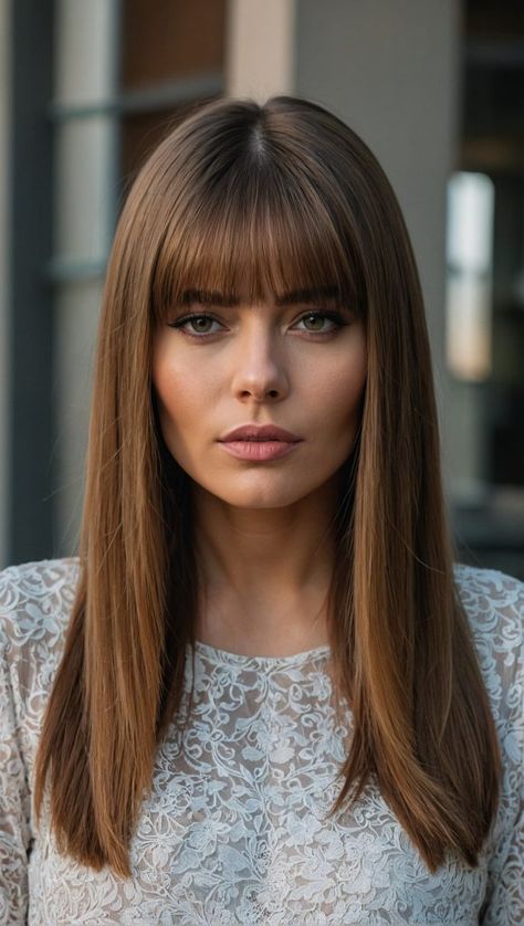 Poker Straight Hair Hairstyles, A Line Bangs, Long Straight Hair Ideas, Straight Hair Ideas, Bangs 2022, Hairstyles For Long Straight Hair, Sleek Straight Hairstyles, Italian Hair, Rambut Brunette