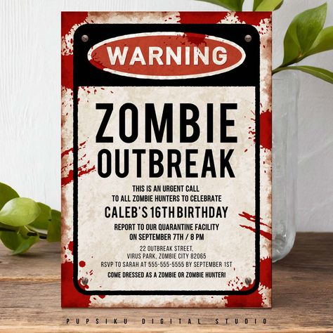 Zombie Outbreak Party Invite with Blood Stains, 5x7 Editable Halloween Party, Monsters Cosplay Event, Download Printable Template Corjl 050B by PupsikuDigital on Etsy Zombie Invitations, Monster Cosplay, Party Monsters, Zombie Birthday Parties, Zombie Birthday, Monster Birthday Parties, Zombie Party, Halloween Zombie, Monster Birthday