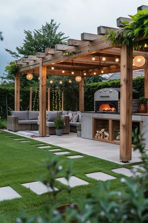 Gazebo Wood Design, Checkered Grass And Stone, Corner Pizza Oven Outdoor Area, Garden Bbq Area Ideas, Backyard Pizza Oven And Fire Pit, Bbq Patio Ideas Backyards, Landscape Sitting Area, Garden Covered Seating Area, Bbq Patio Ideas