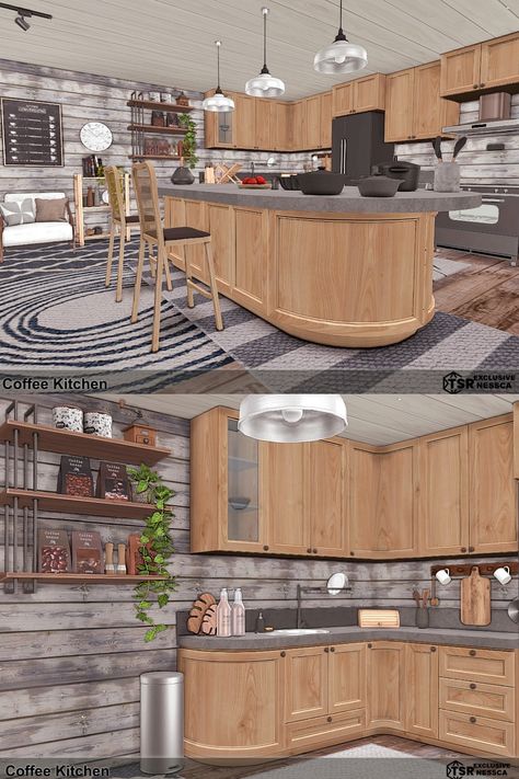 Sims 4 Counters And Cabinets Cc, Sims 4 Cc Kitchen Counters, Sims 4 Room Cc, The Sims 4 Room, Dark Academia Kitchen, Sims 4 Room, Sims4 Ideas, Sims Rooms, Tan Kitchen