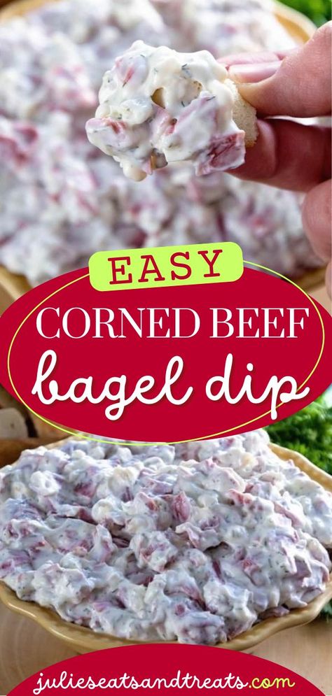 Make hosting fun with this Corned Beef Bagel Dip! This quick and easy appetizer recipe is perfect for entertaining! Add this homemade dip to your Gameday recipes or easy Thanksgiving appetizers! Corned Beef Bagel Dip, Bagel Dip Recipe Corn Beef, Buddig Beef Dip, Dip For Football Party, Budding Beef Dip, Corned Beef Appetizer Recipes, Bagel Dip Dried Beef, Bagel Dips, Corn Beef Dip