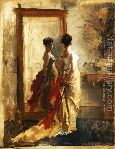 Bianchi: Woman in front of a Mirror.  So beautiful. Oil Painting Woman, Portrait Woman, Mirror Artwork, History Painting, Mirror Painting, A4 Poster, Oil Painting Reproductions, Italian Art, Italian Artist