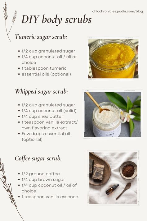 Discover simple and natural DIY body scrubs with these easy recipes! Learn how to make tumeric sugar scrub, whipped sugar scrub, and coffee sugar scrub at home. Perfect for glowing, exfoliated skin using ingredients like coconut oil, shea butter, and essential oils. Get the full guide at chicchronicles.podia.com/blog Coffee Ground Body Scrub, Homemade Organic Body Wash, Diy Body Scrubs For Skin Lightening, Body Scrub Black Skin, Glow Sugar Scrub Diy, Diy Natural Face Scrub, How To Make Vanilla Body Scrub, Natural Skin Care Recipes Simple, Diy Leg Scrub Exfoliating