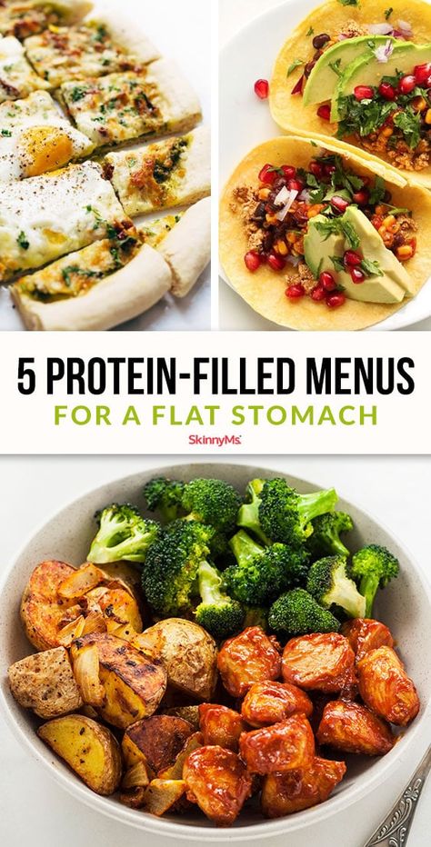 Are you trying to lose weight around your midsection, but not having any luck? Then you'll want to try these 5 protein-filled menus for a flat stomach! Healthy Remedies, Lean Meals, Flat Stomach, High Protein Recipes, Healthy Breakfast Recipes, Clean Eating Recipes, Low Carb Diet, Healthy Diet, Healthy Breakfast