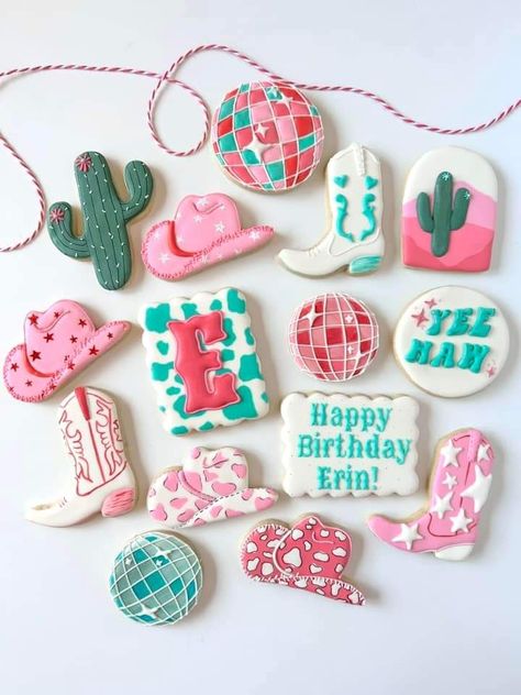 Shania Twain Cookies, Disco Rodeo Cake, Cowgirl Rodeo Birthday Party, Lainey Wilson Birthday Party, Cowgirl Party Treats, First Rodeo Birthday Party Girl Cake, Disco Cowgirl Cookies Birthday, Nashville Birthday Cookies, Cowgirl Cake Pops