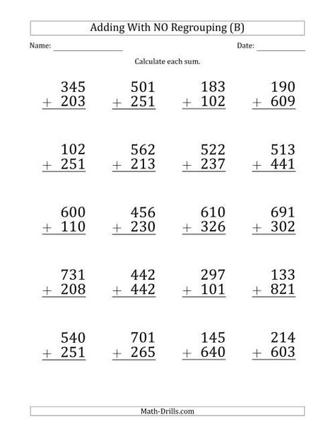 The Large Print 3-Digit Plus 3-Digit Addition with NO Regrouping (B) Math Worksheet Maths Sums For Class 4, Addition 3 Digits With Regrouping, Maths Questions For Class 3, Addition No Regrouping, Addition Regrouping, 3 Digit Addition With Regrouping, Addition With Regrouping Worksheets, Maths Sums, 3 Digit Addition