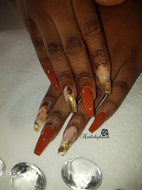 Nails With Gold Flakes Coffin, Multi Color Fall Nails, Burnt Orange And Gold Nails, Chrome Orange Nails, October Nails Fall Colors, Fall Marble Nails, Fall Nails With Leaves, Coffin Nails Fall, Gold Accent Nails