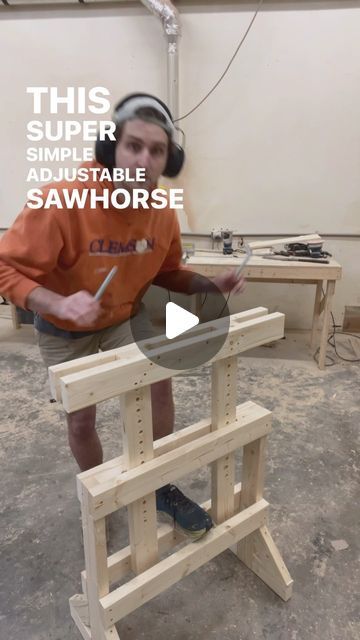 Thomas Orr on Instagram: "Build an easy adjustable sawhorse! This horse is super sturdy and very functional! It takes 4, 8ft 2x4s and 2 carriage bolts! Sorry for no metric number right now, to convert all of that would be too time consuming sith my chrrent schedule but in the future i will be truing to come up with a sokution! Thanks! #woodworking #woodwork #woodworker #sawhorse #diysawhorse #woodworkingproject #woodworkingtips #woodworkingtip #woodworkingbusiness #woodworkingskills #diy" Adjustable Sawhorse Diy, Sawhorses Diy How To Build, Adjustable Saw Horse Plans, Adjustable Sawhorse Plans, Saw Horses Ideas, Plywood Sawhorse, Adjustable Saw Horse, Saw Horse Plans, Diy Saw Horse