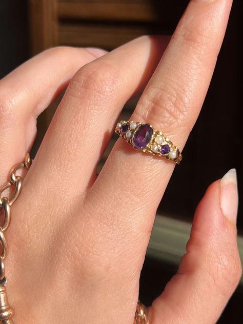 1964 Victorian Revival Amethyst and Pearl Band – Curio Incorporated Victorian Engagement Rings, Ring Inspo, Cute Engagement Rings, Pearl Rings, Victorian Revival, Hippie Clothes, Victorian Period, Victorian Rings, Gem Ring