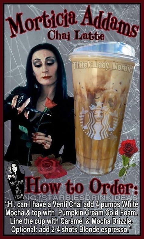 Horror Movie Starbucks Drinks, Disney Starbucks Drinks, At Home Drinks, Spooky Pasta, Starbucks Halloween Drinks, Addams Aesthetic, Recipes Cards, Starbucks Drink Menu, Starbucks Secret Menu Recipes