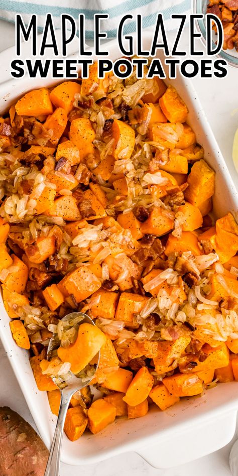 Maple Glazed Sweet Potatoes are studded with bacon for a salty, sweet fall side you'll want to serve with just about everything! #BreadBoozeBacon #sweetpotatoes #maplesyrup #bacon #onion #glazedsweetpotatoes #sidedish #fall #thanksgiving Maple Bacon Sweet Potatoes, Maple Bourbon Sweet Potato Casserole, Maple Glazed Chicken With Sweet Potatoes, Maple Walnut Roasted Sweet Potatoes, Sweet Potato Bread Pudding, Roasted Apples And Sweet Potatoes In Honey-bourbon Glaze, Maple Glazed Sweet Potatoes, Fall Sides, Sweet Potato Bacon