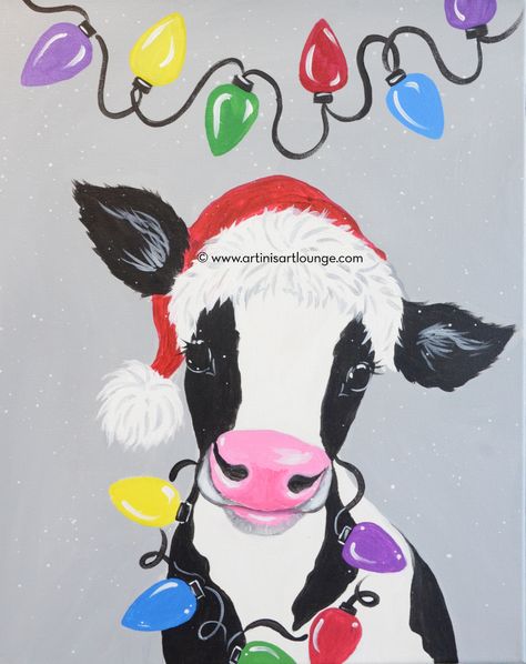 ARTini's Art Lounge Cow Christmas Paintings On Canvas, Holiday Canvas Painting Ideas Christmas, Christmas Paintings On Canvas Aesthetic, Paint Night Ideas Christmas, Christmas Cat Painting Easy, Santa Paintings On Canvas Easy, Cow Christmas Painting, Holiday Painting Ideas On Canvas, Easy Western Painting Ideas On Canvas