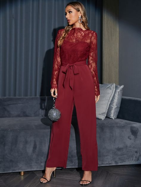 Burgundy Elegant  Long Sleeve Polyester Plain Culottes Embellished Non-Stretch Spring/Fall Women Jumpsuits & Bodysuits Burgundy Jumpsuit Wedding, Maroon Jumpsuit Outfit, Burgundy Pantsuit, Lace Jumpsuit Outfit, Red Lace Jumpsuit, Maroon Gowns, Bridesmaid Jumpsuit, Maroon Jumpsuits, Fancy Jumpsuit