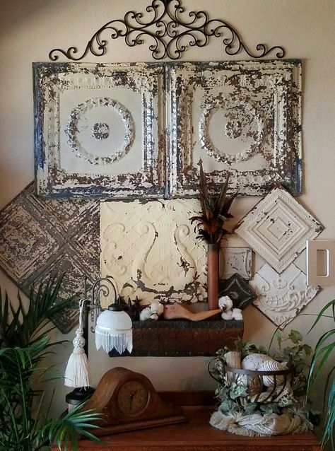 Ceiling Tile Wall Decor, Old Ceiling Tiles Ideas, Tin Ceiling Tiles Ideas, Tin On Walls Ideas, Ceiling Tiles Crafts, Ceiling Tiles Art, Ceiling Tins, Winter Entryway, Ceiling Boards