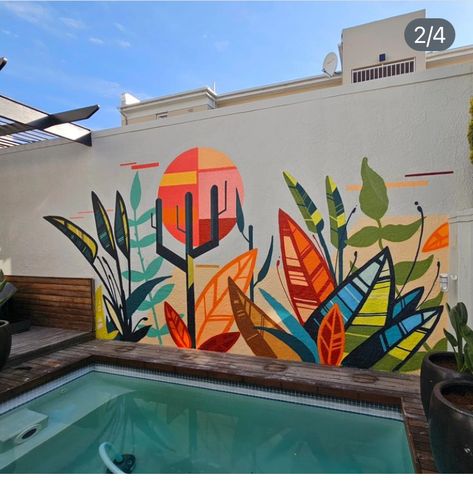 Outdoor Fence Painting Ideas, Tropical Mural Painting, Backyard Mural Ideas, Outdoor Wall Mural, Outdoor Wall Paint, Exterior Murals, Garden Fence Art, Gym Wall Decal, Garden Mural