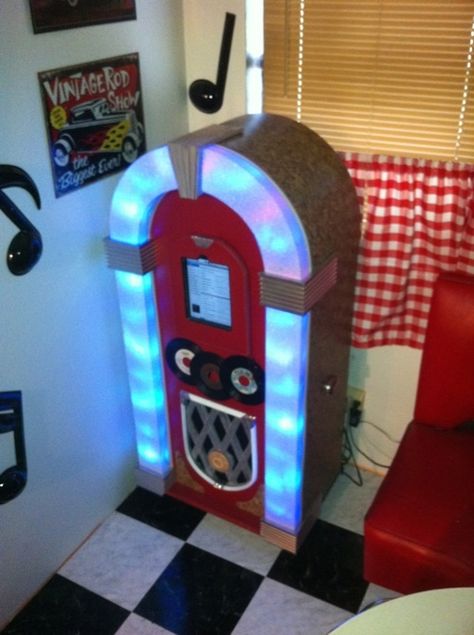 Hi,I built this juke box for my lovely wife a while back. She re-decorated our breakfast nook with 50's stuff, so a juke box seemed like a good... Glow Challenge, Grease Party, Chrome Decor, Sock Hop Party, My Lovely Wife, Gaming Rooms, Music Studios, Old Records, Computer Desks