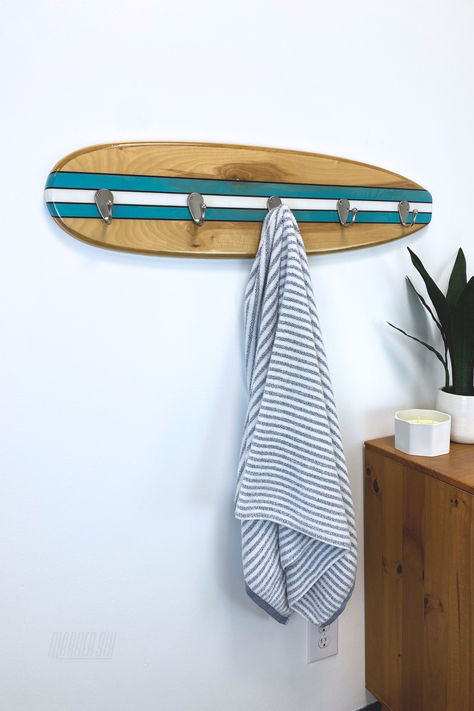 Surfboard Towel Rack, Surfboard Table, Towel Hangers, Surfboard Coffee Table, Beach Room Decor, Bar Tops, Surfboard Shapes, Cottage Lake, House Name