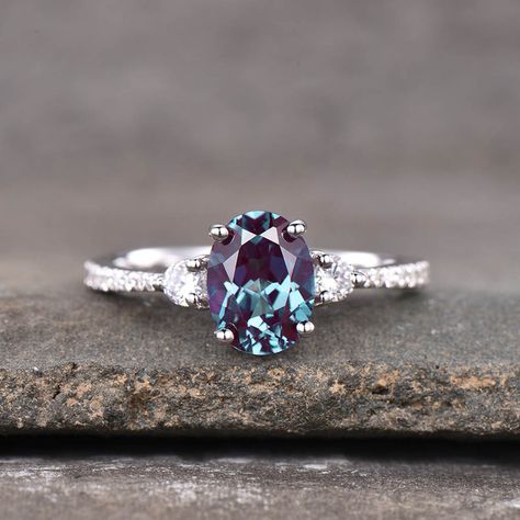 alexandrite engagement ring Proposal Rings, Ring Stones, Antique Rings Vintage, June Birthstone Ring, Oval Cut Engagement Ring, Colored Engagement Rings, Alexandrite Engagement Ring, Alexandrite Ring, London Blue Topaz Ring