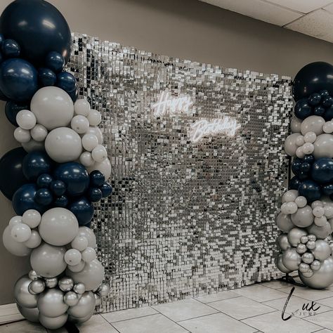 Blue And Grey Party Decor, Navy And Silver Backdrop, Navy Blue And Silver Birthday Decor, Moon Centerpieces, Gray Party Decorations, Denim And Diamonds Party, Prom Party Decorations, Disco Theme Party, Silver Party Decorations