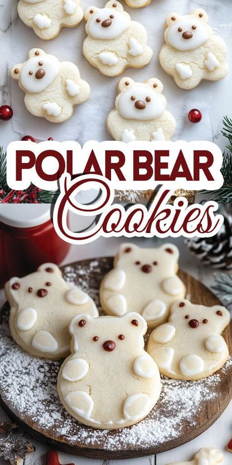 Polar Bear Cookies Ingredients: Cookie Dough 3/4 cup butter 1/2 cup cream cheese 1 1/2 cups granulated sugar 1 egg 2 tsp vanilla extract 3 cups all-purpose flour 1 Tbsp cornstarch 1/2 tsp baking powder 1/2 tsp salt Vanilla Buttercream Frosting 1 cup unsalted butter 1 Tbsp vanilla paste or extract 1/2 tsp salt 3 1/2 cups powdered sugar 1/4 cup heavy cream Decorations 1 cup white sanding sugar 30 large chocolate chips Round, black sprinkles Round red or pink sprinkles #Polarbears #Cookies Polar Bear Cookies, Pink Sprinkles, Italian Christmas Cookies, Sanding Sugar, Easy Christmas Treats, Vanilla Buttercream Frosting, Italian Christmas, Vanilla Paste, Bear Cookies