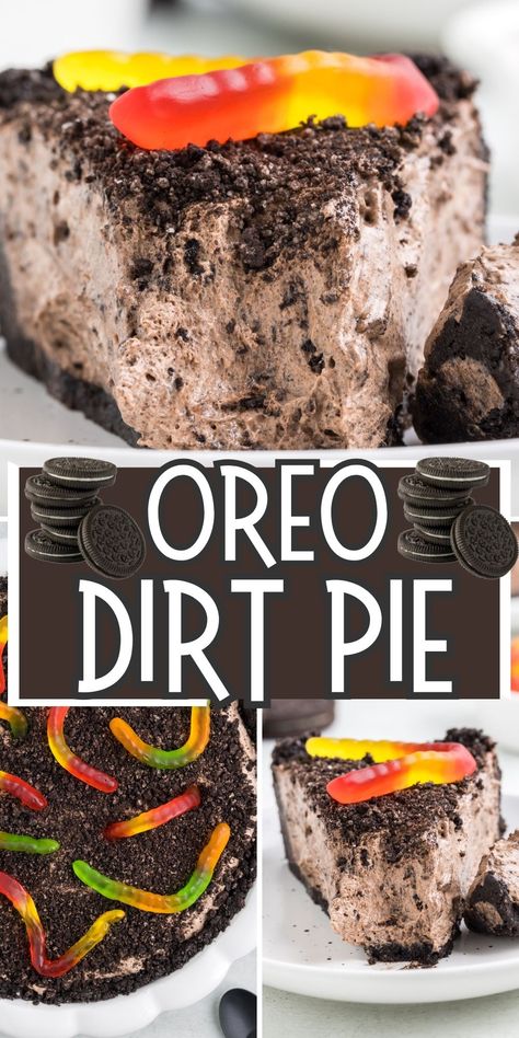 Family favorite Oreo Dirt Pie is not only easy to make and no bake, it's a fun and delicious recipe that kids of all ages love! Homemade Oreo cookie crust, filled with whipped chocolate pudding, topped with Oreo crumbs for the 'dirt', and then finished off with gummy worms. No Bake Oreo Dirt Cake, Oreo Cookie Dirt Pudding, Dirt Cake Pie, Dirt Cake Dip, Homemade Dirt Cake, Brownie Dirt Cups, Oreo Dirt Cake Halloween, Easy Kid Treats To Make, Chocolate Dirt Pudding Recipe