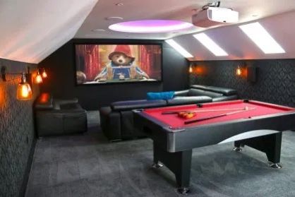 Luxury Gaming Room, Attic Game Room, Garage Game Rooms, Small Game Rooms, Pool Table Room, Home Theater Room Design, Acnh Basement, Theater Room Design, Cave Basement