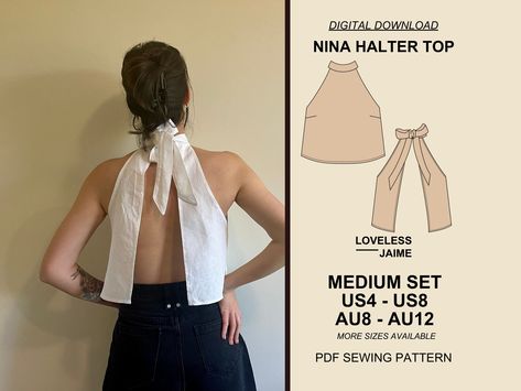 Nina Halter Summer Top Sewing Pattern, Medium Set: Sizes US4-US8, tank top pdf, open back blouse, tie-up neckline, instant digital download Wrap Tops Patterns Sewing, Halter Neck Tie Top, How To Sew A Halter Top, Diy Tops Sewing, Tube Top Sewing Pattern, Free Sewing Patterns Tops, Diy Backless Top, Summer Top Sewing Pattern, Summer Top Sewing