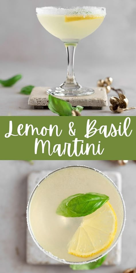 Lemon Basil Simple Syrup, Lemon Basil Vodka Tonic, Fresh Lemon Cocktails, Lemon Basil Cocktail Recipes, Basil Alcoholic Drinks, Basil Simple Syrup Cocktails, Lemon Basil Martini, Drinks With Basil Alcoholic, Lemon Basil Cocktail