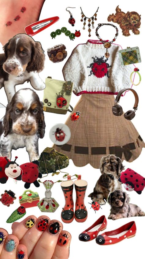 Collage with influence from twee/quirky styles. Themes of dogs and ladybugs (for a personal project) Ladybird Outfits, Outfit Inspo Collage, Twee Outfits, Inspo Collage, Maximalist Outfit, Maximalist Outfits, Twilight Core, Ladybug Outfits, Devine Design