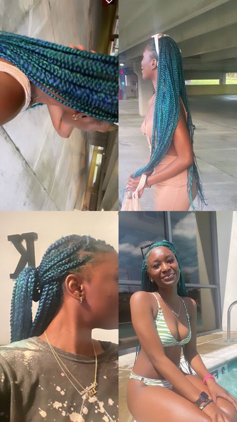 Turquoise Braids For Black Women, Teal Braids Black Women, Teal Knotless Braids, Teal Box Braids, Blue And Green Braids, Blue Knotless Box Braids, Black And Green Braids, Vampire Yandere, Teal Braids