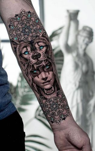 Discover the Intricacy: 20 Mandala Tattoo Ideas for Men Wolf Girl Tattoos, Headdress Tattoo, Wolf Tattoo Sleeve, Model Tattoo, Native Tattoos, Egypt Tattoo, Warrior Tattoos, Wolf Tattoo Design, Arm Sleeve Tattoos