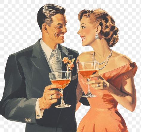 Wine Pop Art, Vintage Ad Illustration, Cocktail Vintage Illustration, Vintage Cocktail Illustration, Patriarchy Art, Cocktail Collage, Beer Image, Wine Couple, 1950s Illustration