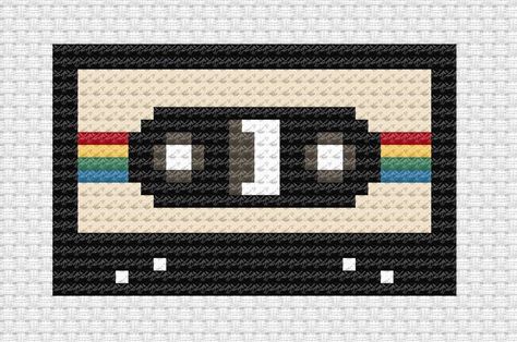 Pixel Art Ideas Cassette Tape Cross Stitch, Emo Cross Stitch, Retro Perler Bead Patterns, Musical Cross Stitch, Rave Crafts, Mini Pixel Art, Retro Cross Stitch, Retro Pixel Art, Retro Cassette