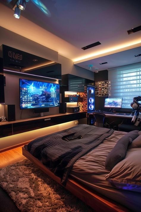 Street Home Decor, Black Modern Bedroom, Small Bedroom Ideas For Men, Explore Decor, Bedroom Ideas Men, Gaming Bedroom Ideas, Theater Room Decor, Gaming Bedroom, Modern Bedroom Ideas