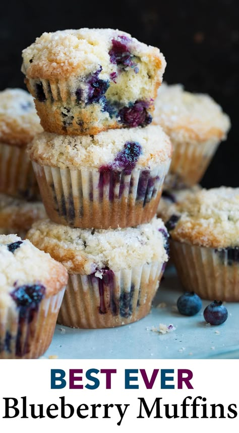 Blueberry Muffins - the best you'll ever taste! They're soft and fluffy with a perfectly moist crumb, they're deliciously flavorful and jam packed with juicy blueberries, and that buttery crumb topping garnished with sugar crystals is the perfect crowning touch. #blueberrymuffins #muffins #breakfast #recipe Blackberry Cobbler Muffins, Blueberry Cobbler Muffins, Blueberry Pie Filling Muffins, Easy Breakfast Dessert, Blueberry Muffin Recipes, Blueberry Dessert Recipes, Blueberry Cakes, Cobbler Muffins, Lemon Blueberry Muffins Recipe