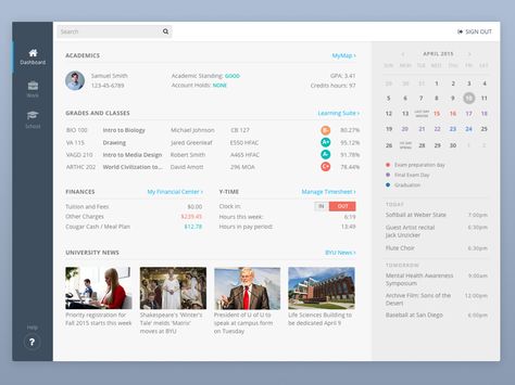 Redesigning my university's student portal.  This was the winner of a student redesign competition. School Website Templates, Intranet Portal, Medical Website Design, Portal Website, Student Dashboard, Portal Design, Ui Design Dashboard, Web Development Projects, Student Portal