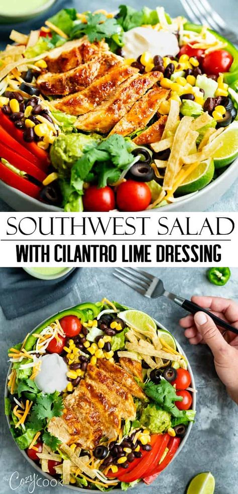 Loaded Southwest Chicken Salad + Homemade Honey Lime Dressing Recipe, Salad With Cilantro Dressing, Southwest Salad With Chicken, Cilantro Lime Chicken Salad Recipe, Southwest Chicken Salad Dressing, Healthy Southwest Chicken Salad, Southwest Cobb Salad, South West Salad Recipes, Healthy Southwest Salad