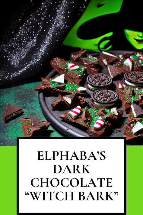 Ingredients:  Dark chocolate, melted Crushed peppermint candies A handful of crushed Oreos for texture Green sprinkles  Instructions:  Spread the melted dark chocolate onto a baking sheet lined with parchment paper. Sprinkle crushed peppermint candies, crushed Oreos, and green sprinkles evenly over the chocolate. Let it set in the refrigerator, then break into pieces and serve on a dark platter for a dramatic look. Wicked Themed Food, Wicked Party Ideas, Wicked Party Favors, Wicked Birthday, Wicked Party, Theme Snack, Crushed Peppermint, Peppermint Candies, Wicked Movie