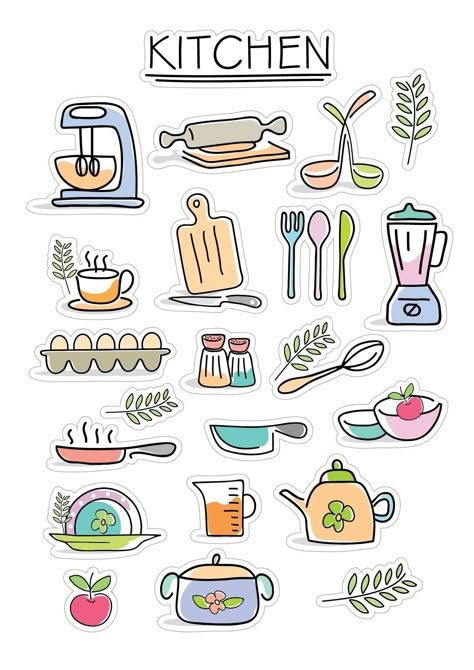 Kitchen Stickers Printable, Cooking Stickers Printable, Kitchen Vector, Stickers Kitchen, Cooking Design, Kitchen Drawing, Recipe Book Diy, Homemade Stickers, Cute Journal