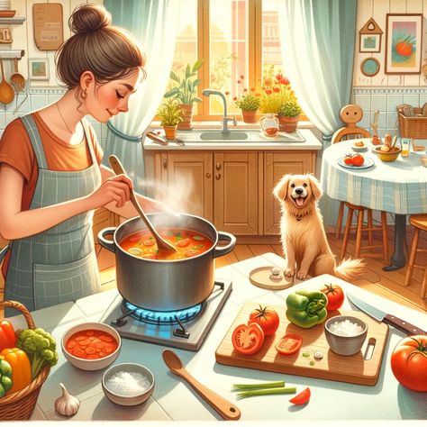 Girl Cooking Illustration, Cooking In Kitchen, Chef Illustration, Cooking Drawing, Arabic Stories, Aesthetic Profile Picture Cartoon Soft, Cute Movie Scenes, Kitchen Drawing, Vintage Housewife